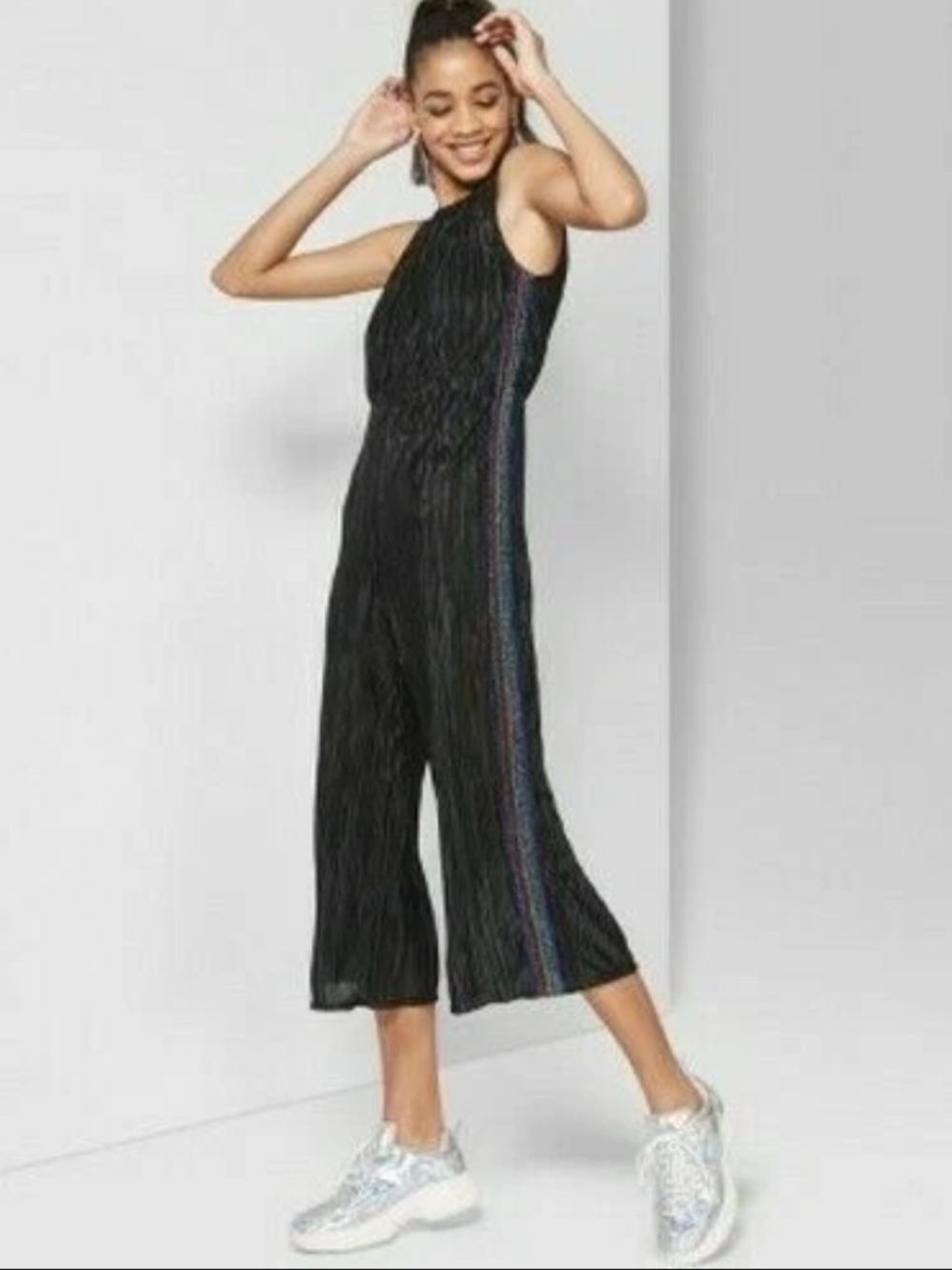 Wild Fable Black Crinkle Pleated Rainbow Glitter Stripe Jumpsuit
